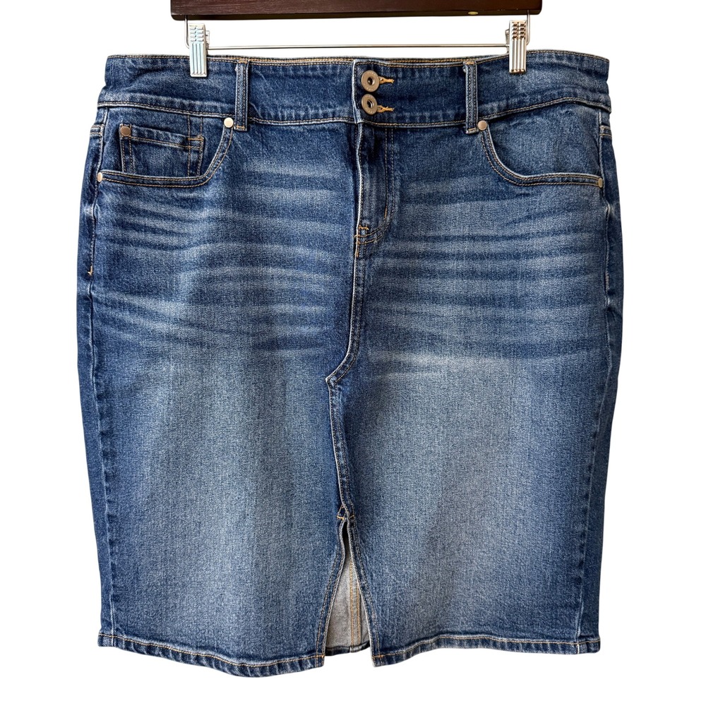 Torrid Women Denim First At Fit Skirt Cotton Size 20 Blue Medium Wash Front Slit